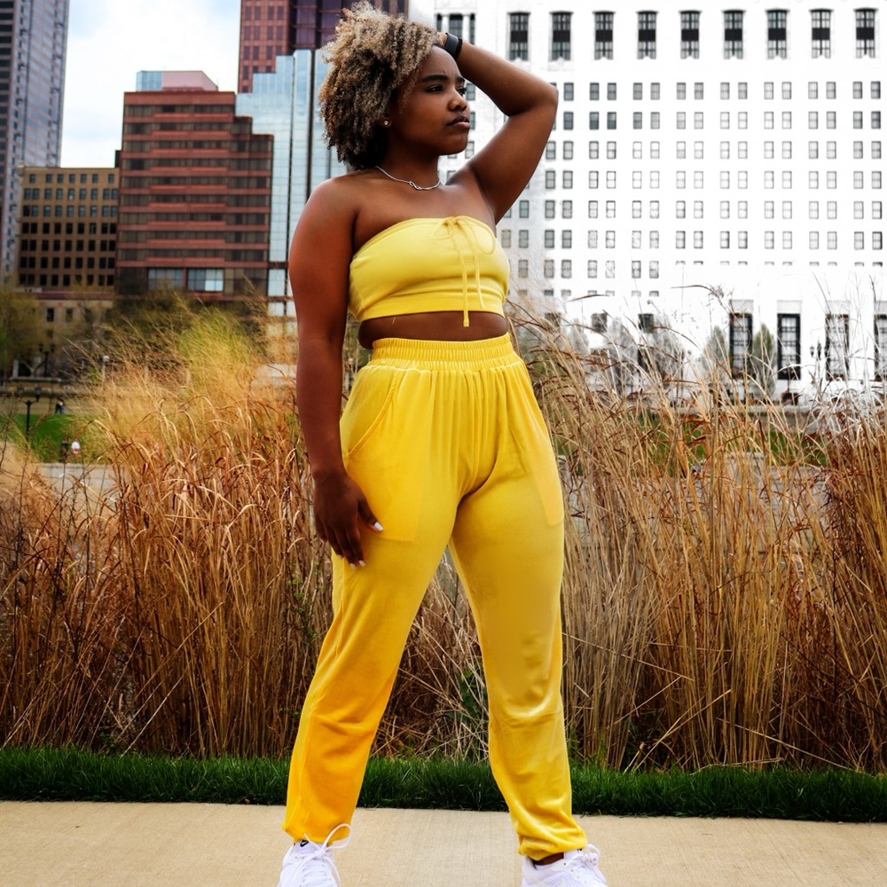 Yellow Velvet tube top and joggers